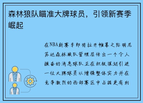 森林狼队瞄准大牌球员，引领新赛季崛起