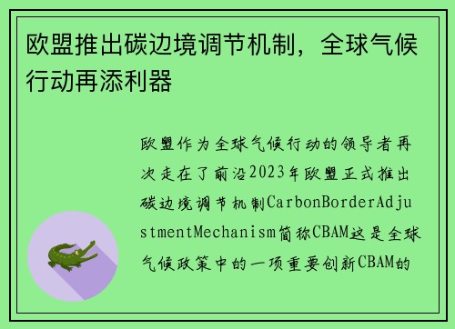 欧盟推出碳边境调节机制，全球气候行动再添利器